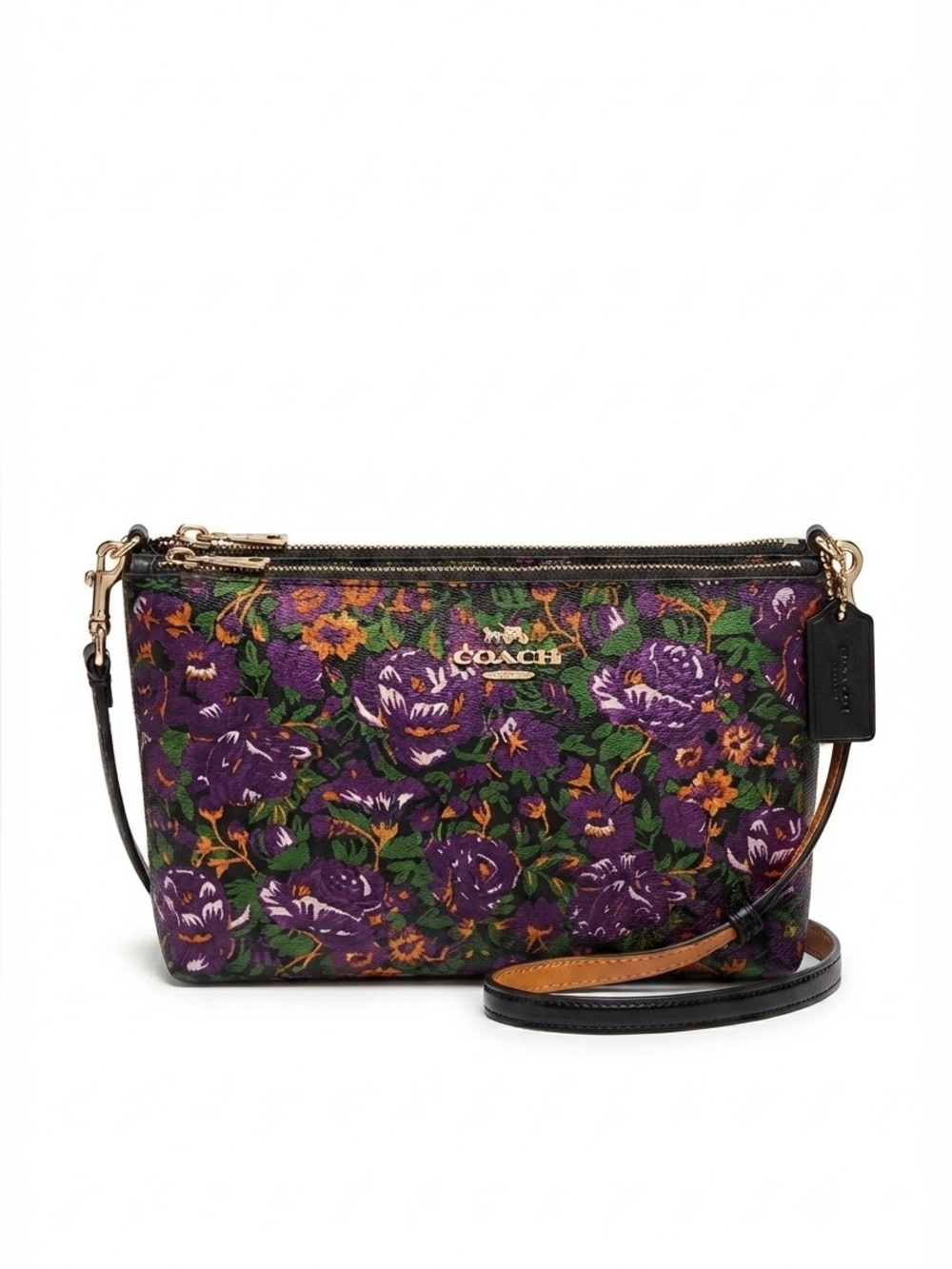 Coach Purple Floral Print Crossbody Bag Small Double Zip Shoulder Purse NWT